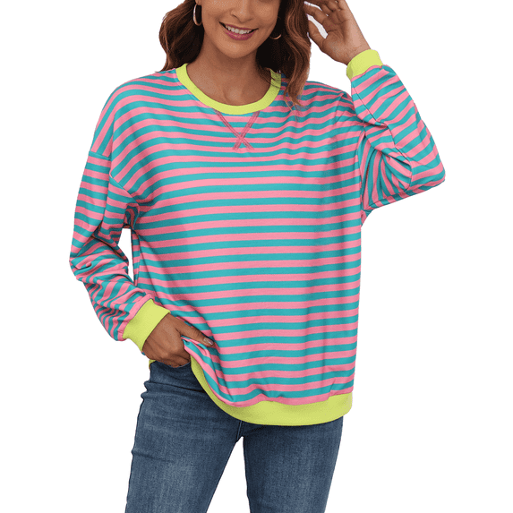 FIUFY Women's Casual Sweatshirt Long Sleeve Pullover Top Oversized Shirt With Striped Color Block