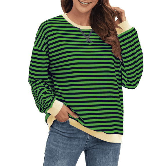 FIUFY Women's Casual Sweatshirt Long Sleeve Pullover Top Oversized Shirt With Striped Color Block