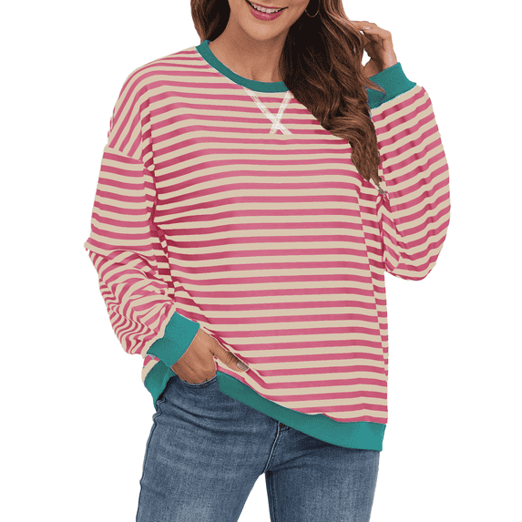FIUFY Women's Casual Sweatshirt Long Sleeve Pullover Top Oversized Shirt With Striped Color Block