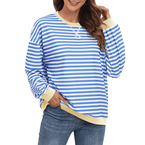 FIUFY Women's Casual Sweatshirt Long Sleeve Pullover Top Oversized Shirt With Striped Color Block