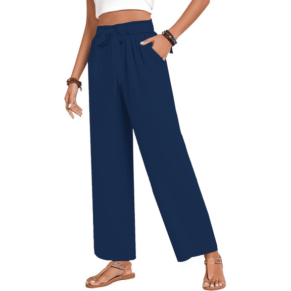 FIUFY Women's Wide Leg Lounge Pants with Pockets Lightweight High Waisted Adjustable Tie Knot Loose Trousers