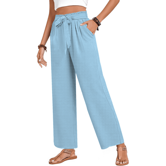 FIUFY Women's Wide Leg Lounge Pants with Pockets Lightweight High Waisted Adjustable Tie Knot Loose Trousers