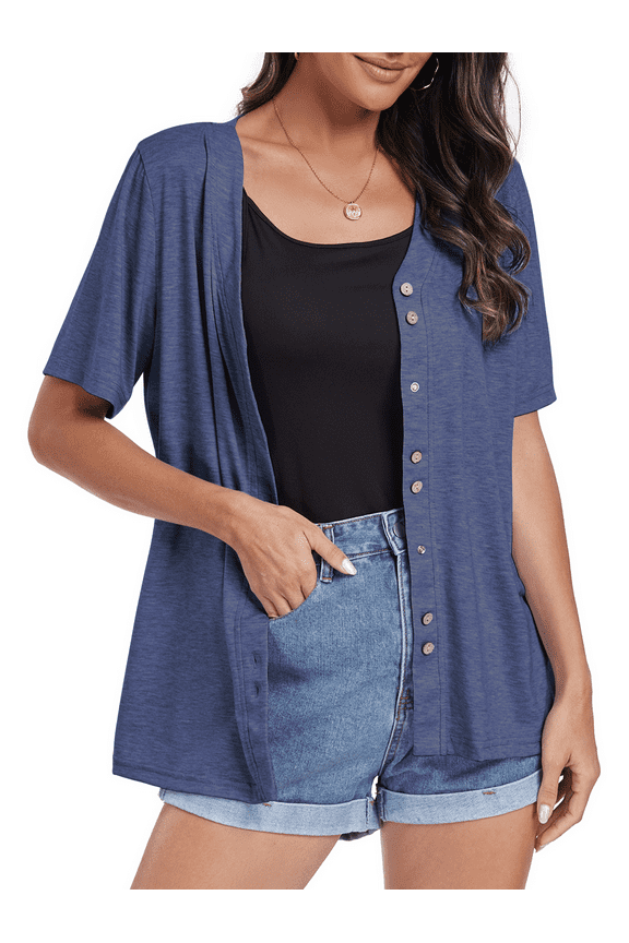 Womens Button Down Cardigans Summer Casual Short Sleeve Open Front Knitted Top Shirts