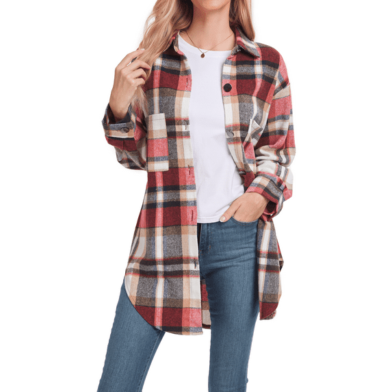FIUFY Womens Casual Long Sleeve Button Down Shirts Loose Fit Plaid Shacket with Pockets