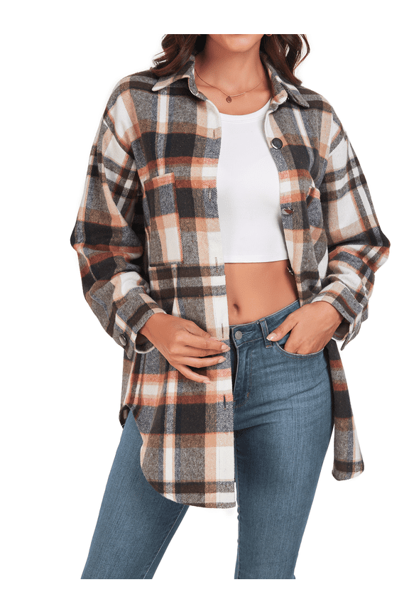 Womens Casual Long Sleeve Button Down Shirts Loose Fit Plaid Shacket with Pockets