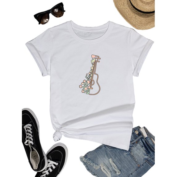 FIUFY Womens Guitar Rock Roll Short Sleeve Graphic Tees Summer Casual Music and Band T-Shirts