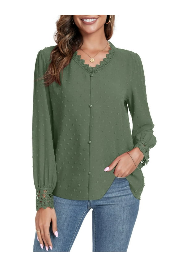 Womens Long Sleeve Lace Shirt Tops Trim V-Neck Swiss Polka Dots Tunic Blouses