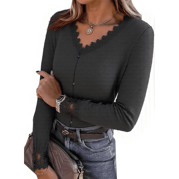 FIUFY Womens Long Sleeve Lace Shirt Tops Trim V-Neck Swiss Polka Dots Tunic Blouses