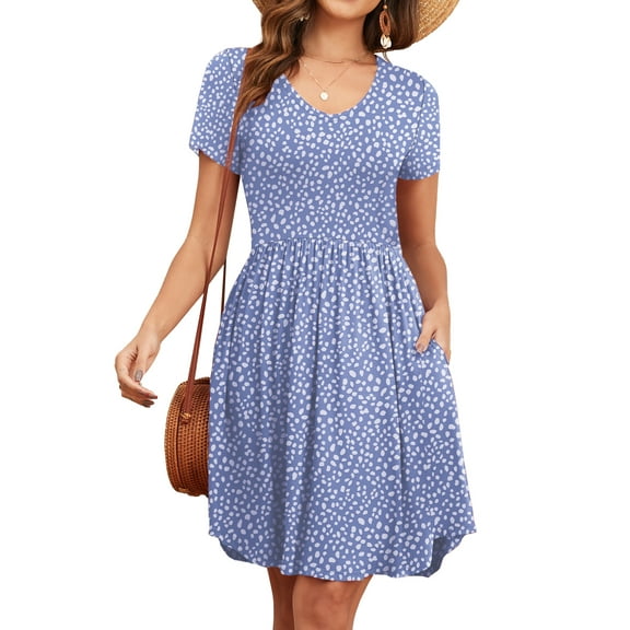 FIUFY Womens Short Sleeve Dresses Casual Loose Fit Swing T Shirt Dress V Neck Sundress with Pockets
