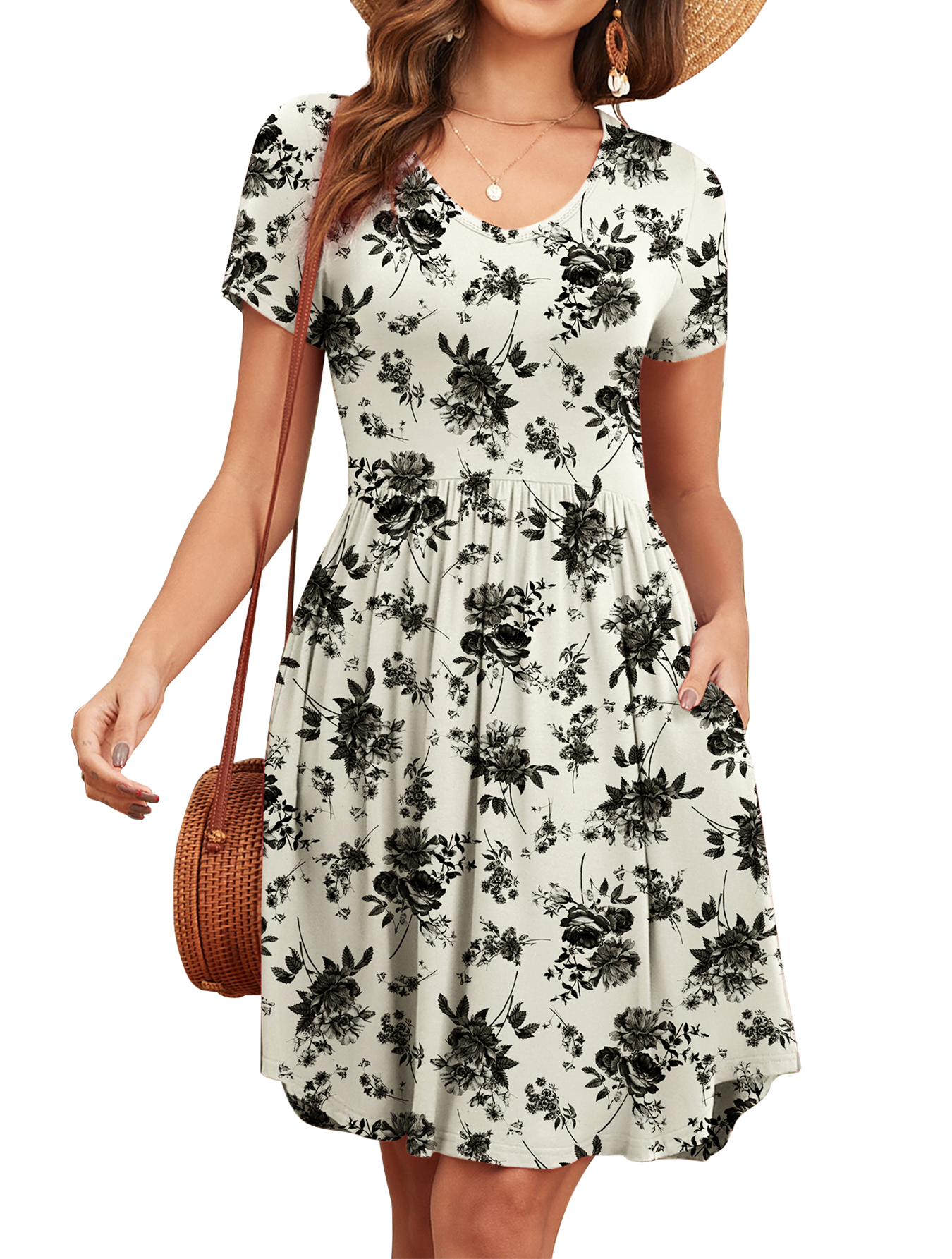 WUJINXIA Womens Short Sleeve Dresses Casual Loose Fit Swing T Shirt Dress V Neck Sundress with Pockets