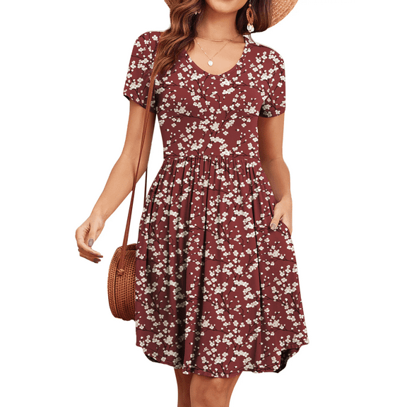 WUJINXIA Womens Short Sleeve Dresses Casual Loose Fit Swing T Shirt Dress V Neck Sundress with Pockets
