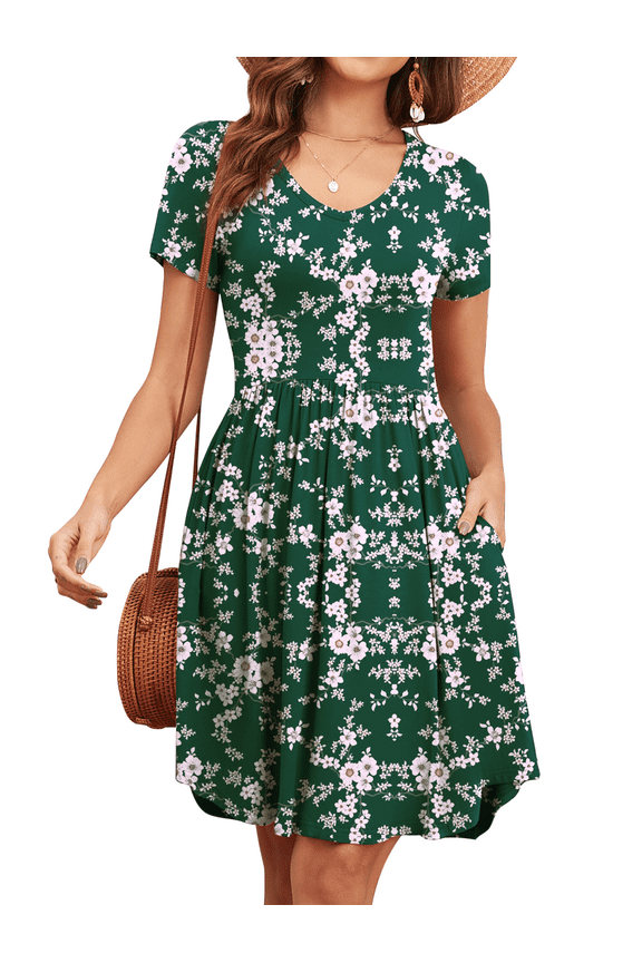 Womens Short Sleeve Dresses Casual Loose Fit Swing T Shirt Dress V Neck Sundress with Pockets