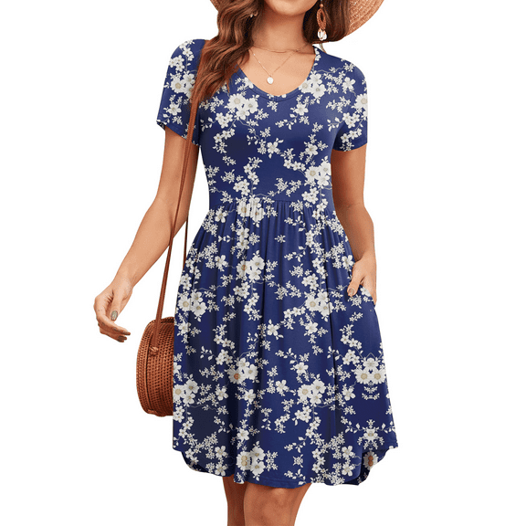 WUJINXIA Womens Short Sleeve Dresses Casual Loose Fit Swing T Shirt Dress V Neck Sundress with Pockets