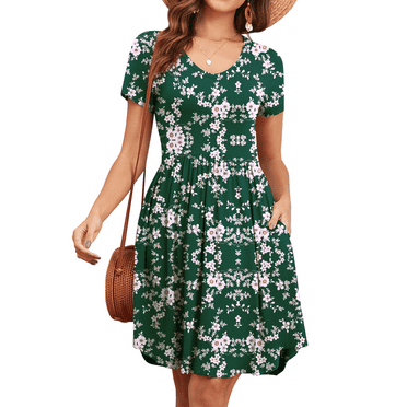 FIUFY Womens Short Sleeve Dresses Casual Loose Fit Swing T Shirt Dress V Neck Sundress with Pockets