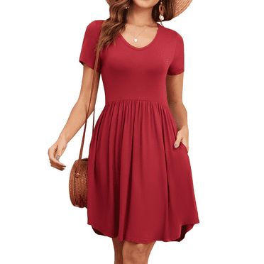 FIUFY Womens Short Sleeve Dresses Casual Loose Fit Swing T Shirt Dress V Neck Sundress with Pockets