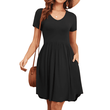 FIUFY Womens Short Sleeve Dresses Casual Loose Fit Swing T Shirt Dress V Neck Sundress with Pockets