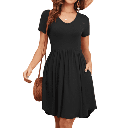 WUJINXIA Womens Short Sleeve Dresses Casual Loose Fit Swing T Shirt Dress V Neck Sundress with Pockets