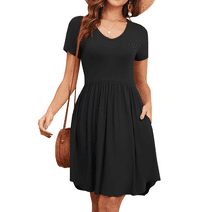 FIUFY Womens Short Sleeve Dresses Casual Loose Fit Swing T Shirt Dress V Neck Sundress with Pockets