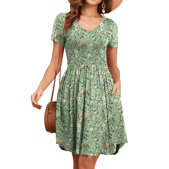 WUJINXIA Womens Short Sleeve Dresses Casual Loose Fit Swing T Shirt Dress V Neck Sundress with Pockets