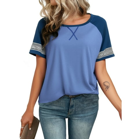 Summer Short Sleeve Tops for Woman Color Block Casual Striped Crew Neck Tunic Tops Blue