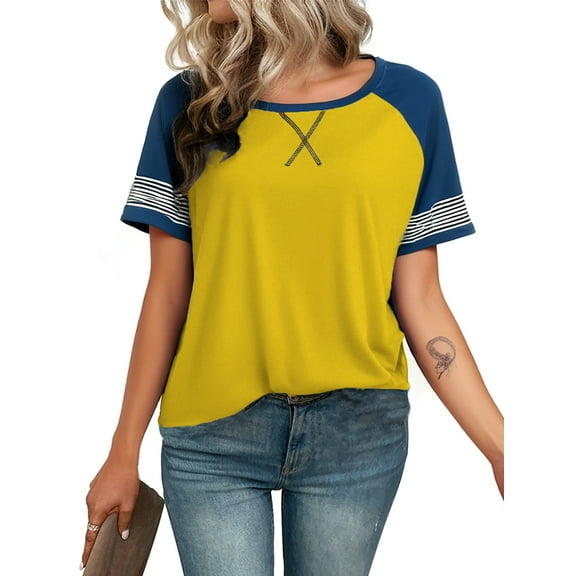 FIUFY Summer Short Sleeve Tops for Woman Color Block Casual Striped Crew Neck Tunic Tops Yellow