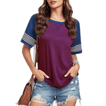 FIUFY Womens Summer Casual Shirts Striped Raglan Short Sleeve Tee Tops Crew Neck T-shirt Blouses Purple Red