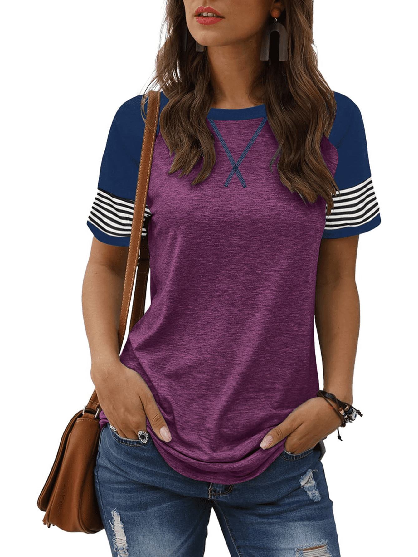 KAREN SCOTT SPORT Womens Blue Striped 3/4 Sleeve Jewel Neck T-Shirt L