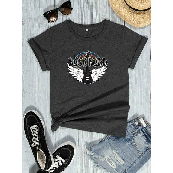 FIUFY Womens Summer Casual Tops Short Sleeve Tshirt Classic Fit Crew Neck Basic Tees Music and Brand Graphic Shirts
