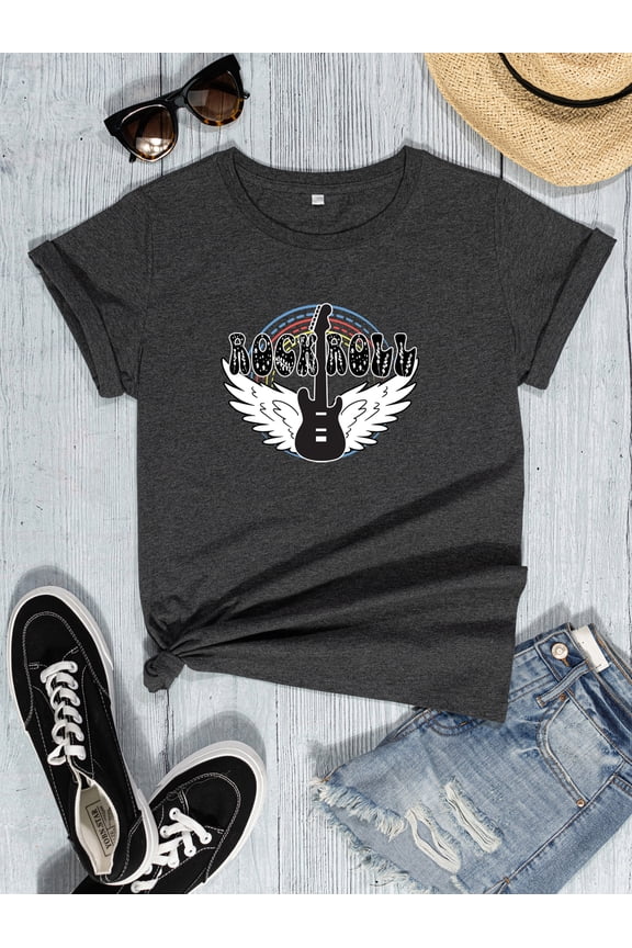 Womens Summer Casual Tops Short Sleeve Tshirt Classic Fit Crew Neck Basic Tees Music and Brand Graphic Shirts