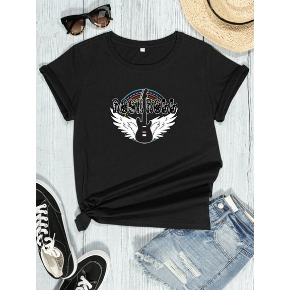 FIUFY Womens Summer Casual Tops Short Sleeve Tshirt Classic Fit Crew Neck Basic Tees Music and Brand Graphic Shirts