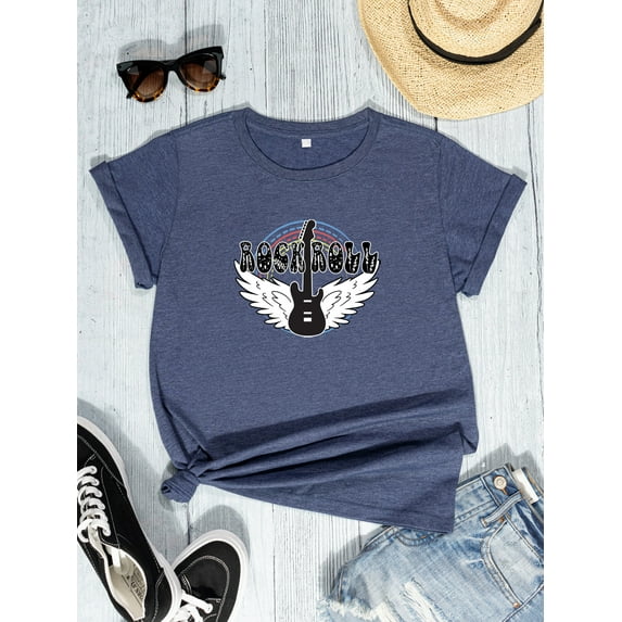 FIUFY Womens Summer Casual Tops Short Sleeve Tshirt Classic Fit Crew Neck Basic Tees Music and Brand Graphic Shirts