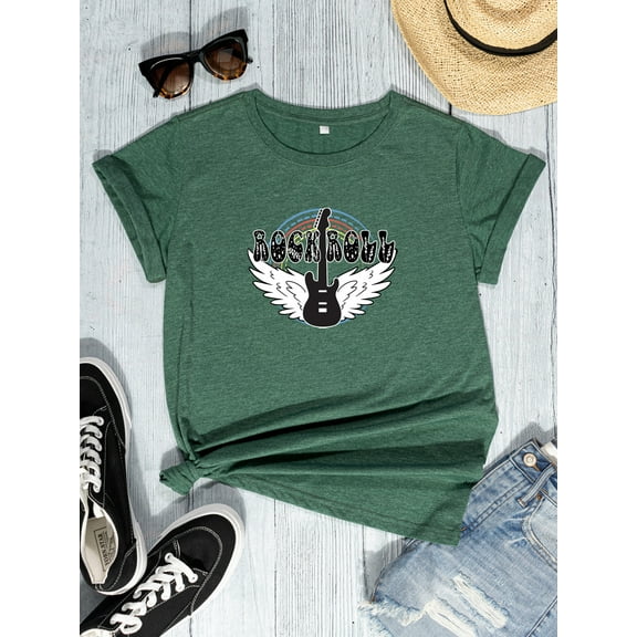 FIUFY Womens Summer Casual Tops Short Sleeve Tshirt Classic Fit Crew Neck Basic Tees Music and Brand Graphic Shirts