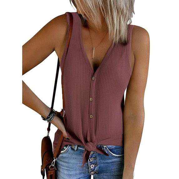 FIUFY Womens Tank Tops Sleeveless Button Down Shirts V Neck Tie Front Knot Tunic Blouses