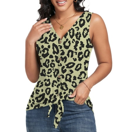 FIUFY Womens Tank Tops Sleeveless Button Down Shirts V Neck Tie Front Knot Tunic Blouses