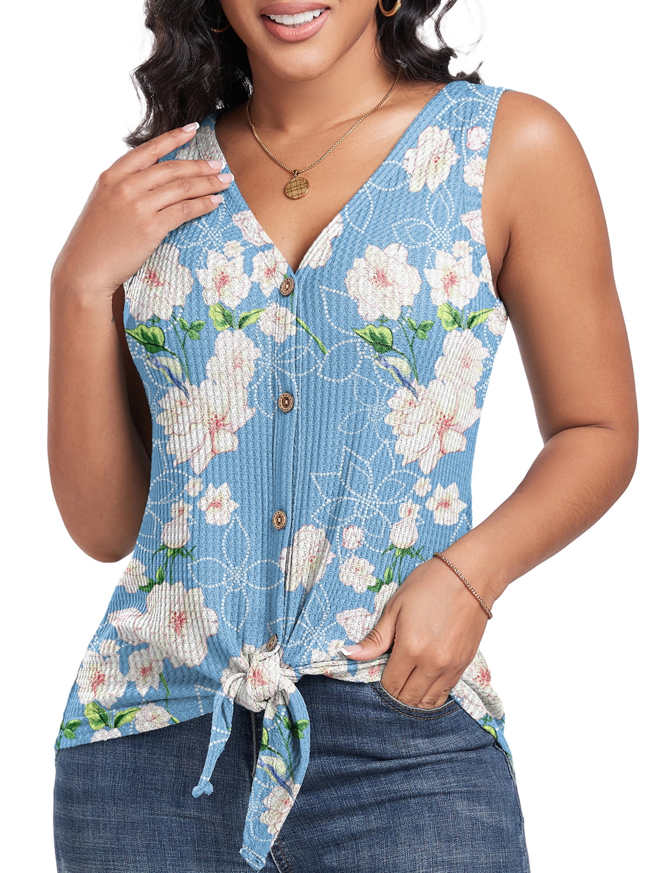 Knit Button Down Sleeveless V-Neck Tank Top main image 1