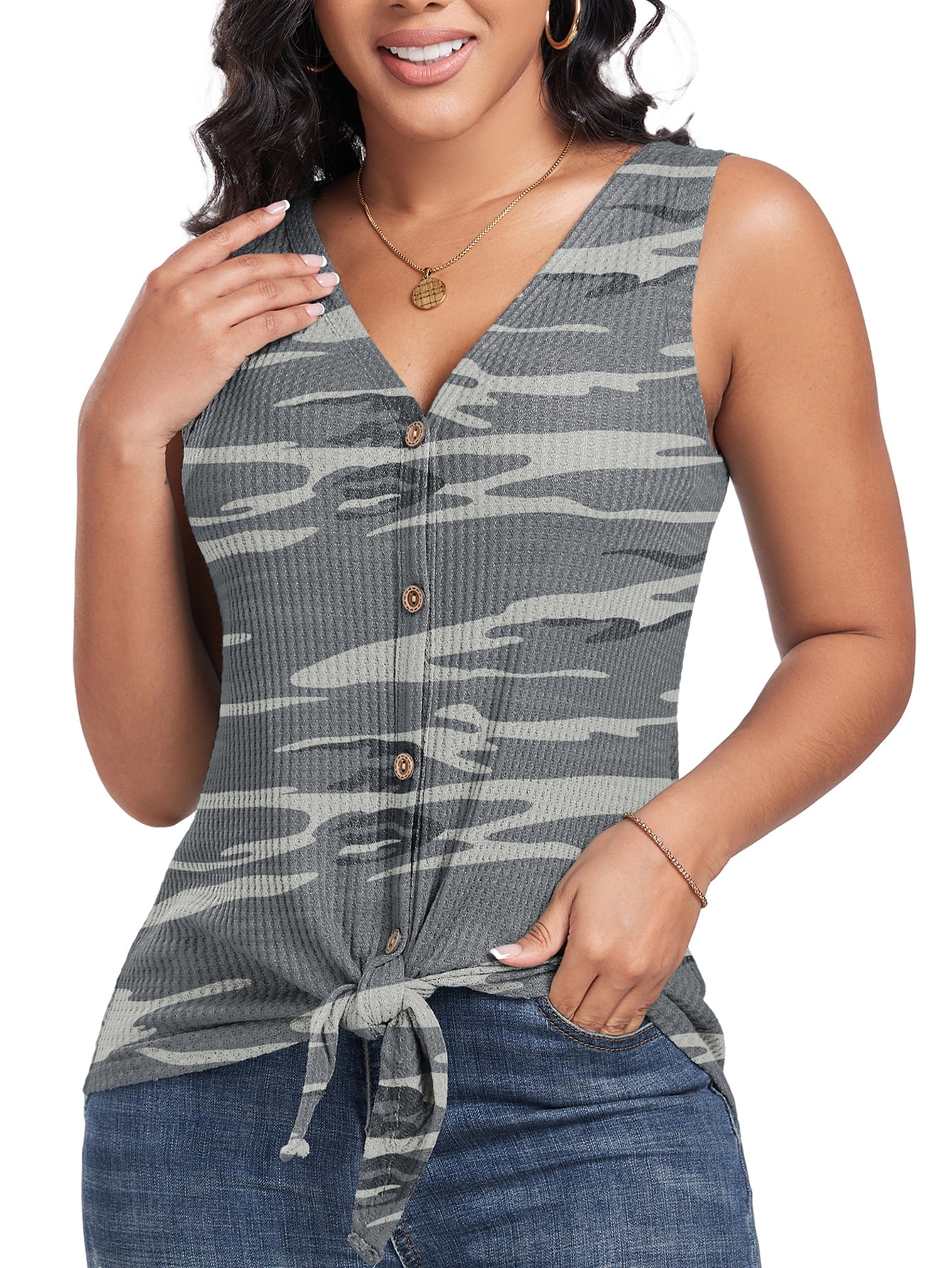 Knit Button Down Sleeveless V-Neck Tank Top main image 0