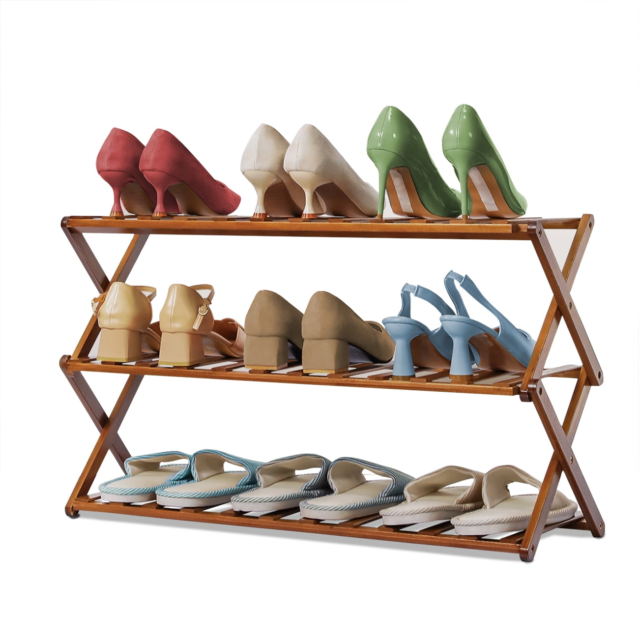 FIUION Foldable Bamboo Shoe Rack, 3Tier Shoe Rack for Entryway