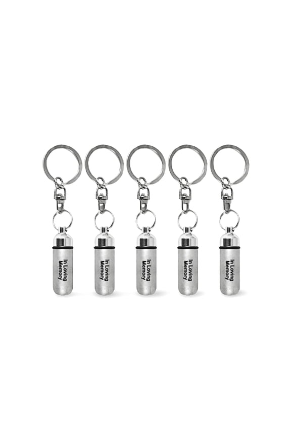 FIVE "In Loving Memory" CREMATION URN Keychain Key Rings - Includes Five Velvet Pouches, Five Stainless Steel Keychains & Disposable Fill Kit