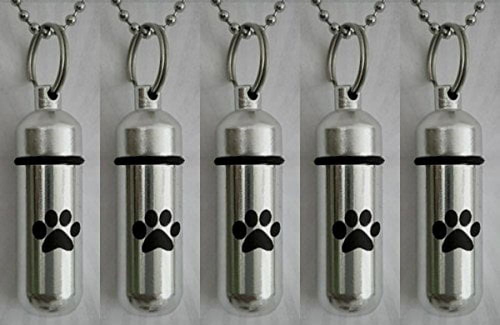 FIVE Pet/Dog/Cat - Personal CREMATION URN Keepsakes with Large Laser Engraved PAWS - Includes Velvet Pouches, Ball-Chains &amp; Fill Kit