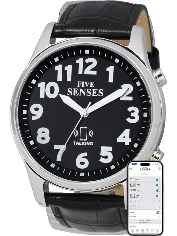FIVE SENSES Jumbo Smart Atomic Talking Watch with Voice Reminders and App Control for Seniors and Visually Impaired - Great Gift for Blind Men and Women. Metal Talking Watches for The Blind (Black)
