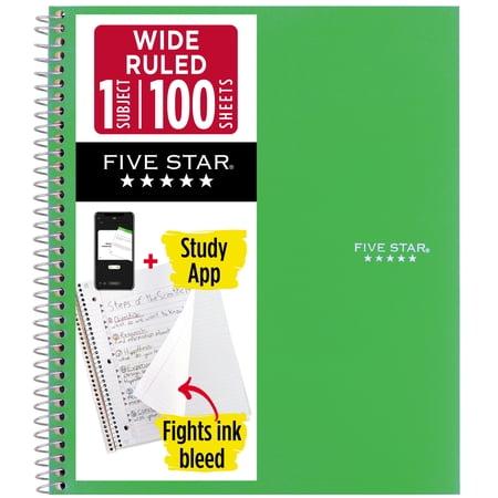 Five Star 1 Subject Wide Ruled Spiral Notebook with Study App, 8" x 10.5", Retro Green, 100 Sheets