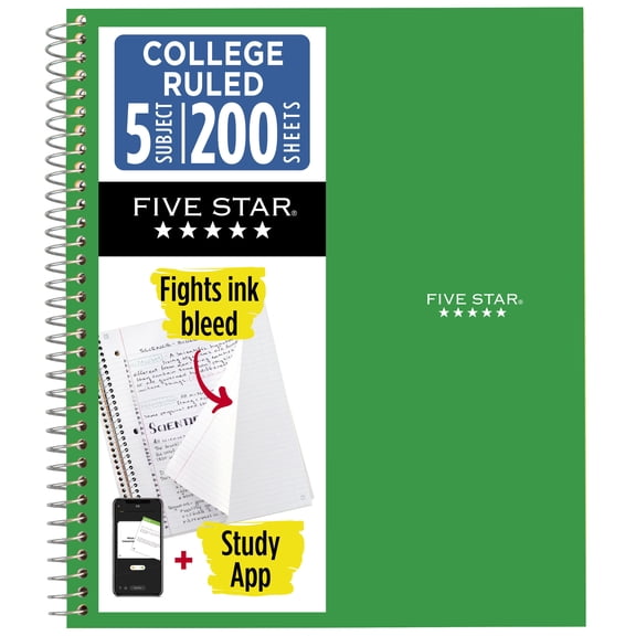 Five Star 5 Subject College Ruled Notebook Plus Study App, 8.5" x 11", Retro Green, Poly, Spiral, 200 Sheets