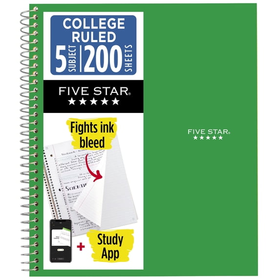 Five Star 5 Subject College Ruled Notebook Plus Study App, 8.5" x 11", Retro Green, Poly, Spiral, 200 Sheets