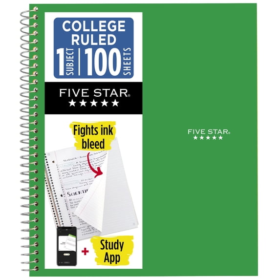 Five Star Retro Green College Ruled 1 Subject Notebook with Study App, 8.5" x 11", Poly Cover, Spiral, 100 Sheets