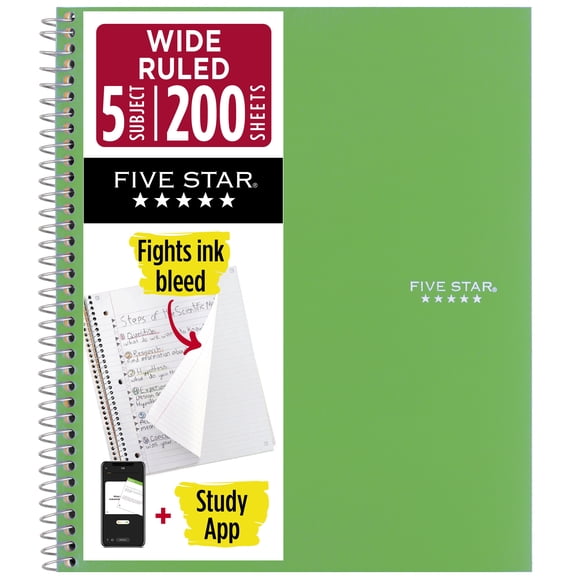 Five Star 5 Subject Wide Ruled Notebook Plus Study App, 8" x 10.5", Retro Green, Poly, Spiral, 200 Sheets