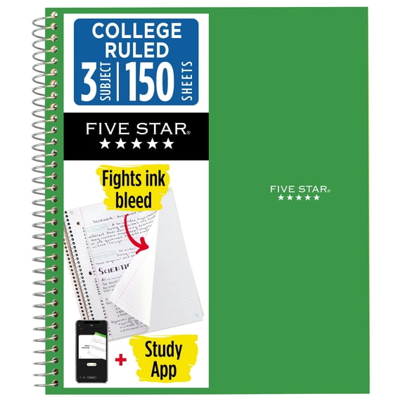 Five Star 3 Subject College Rule Notebook, Retro Green, 8.5" x 11"