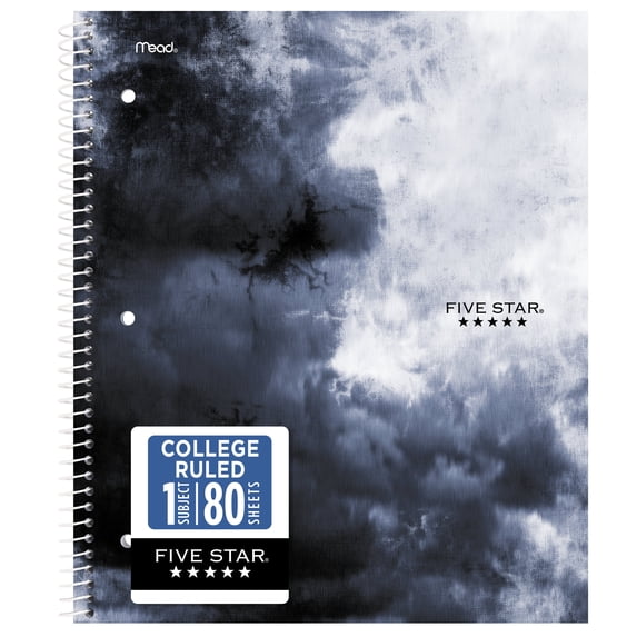 Five Star 1 Subject College Ruled Spiral Notebook with Study App, 8.5" x 11", Storm Cloud Design, 80 Sheets