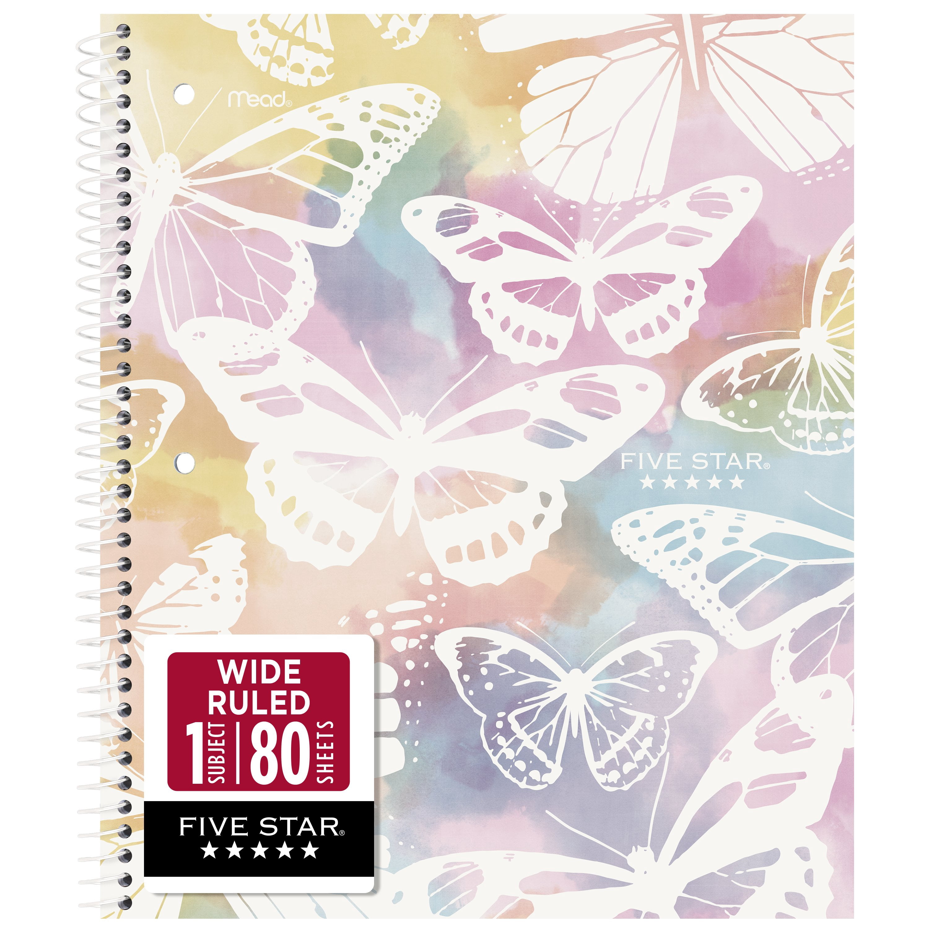 Five Star 1 Subject Wide Ruled Notebook Plus Study App, 8" x 10.5", Pastel Butterfly, Poly, Spiral, 80 Sheets