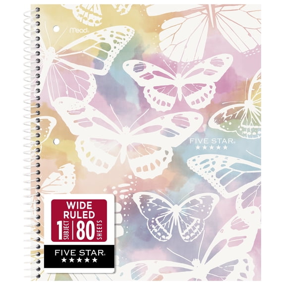 Five Star 1 Subject Wide Ruled Notebook Plus Study App, 8" x 10.5", Pastel Butterfly, Poly, Spiral, 80 Sheets
