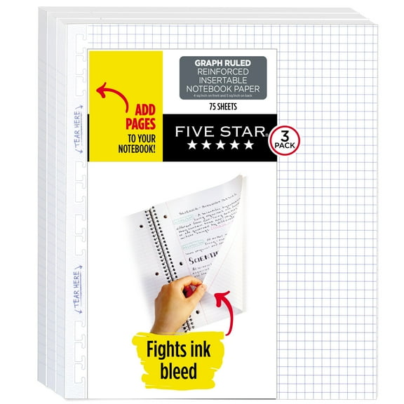FIVE STAR Insertable Graph Ruled Paper, 11", Graph Paper with T-tabs, White, 75 Sheets, 3 Count